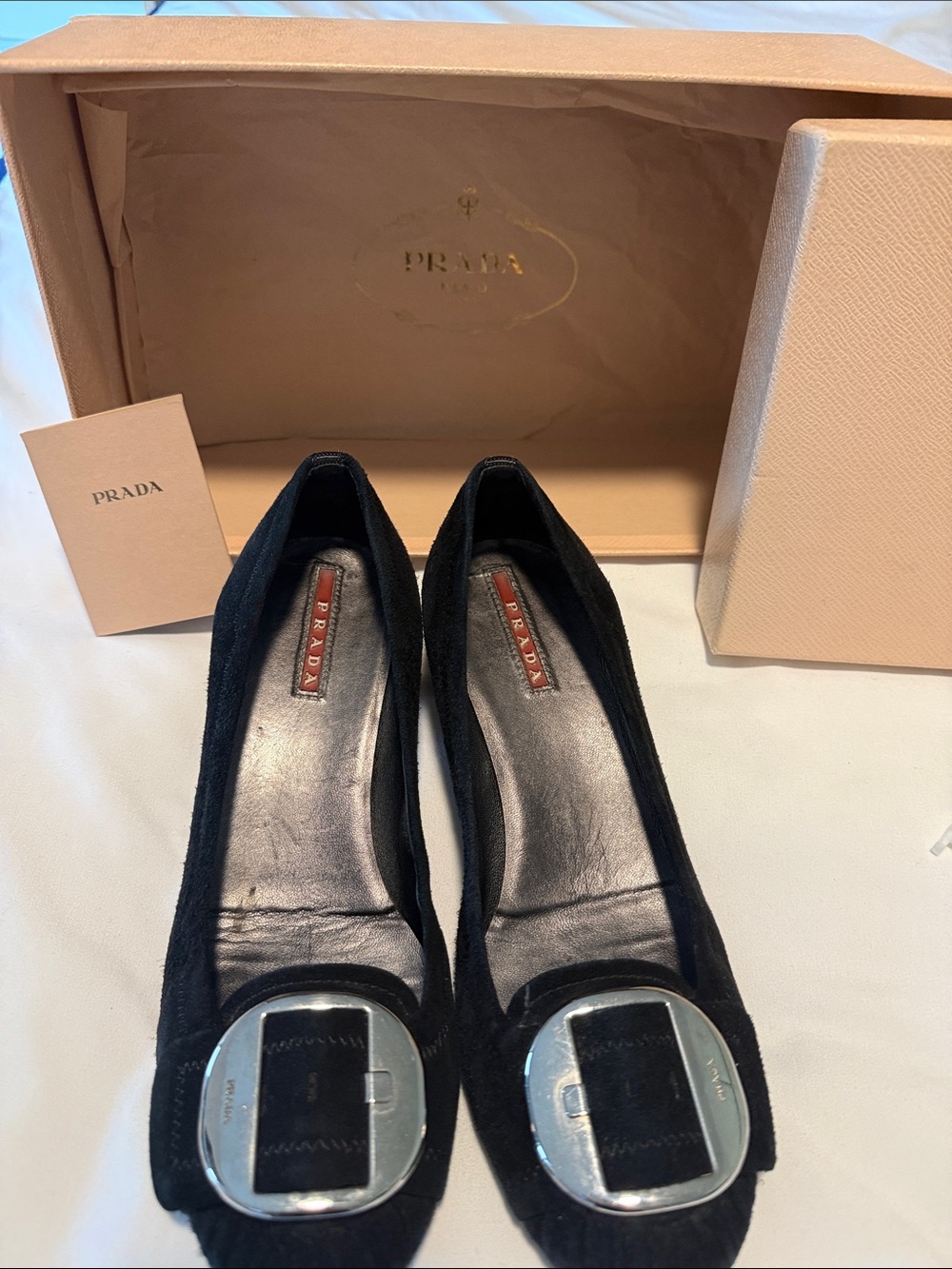 Prada Black Suede Ballet Flats with Silver Buckle Detail sold with the box